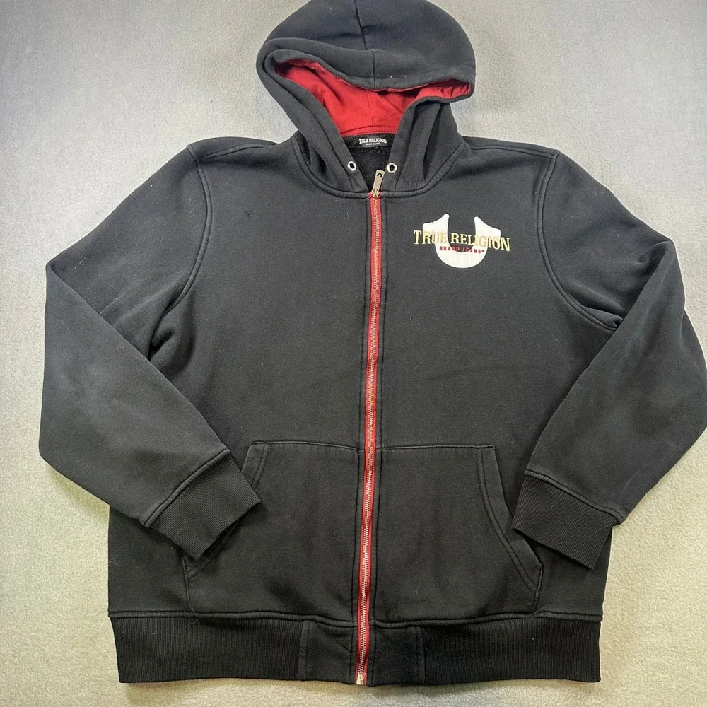 True Religion Mens Zip Up Hoodie Black Red Horseshoe Logo Fleece 5SVZ4F45D8G53HD
